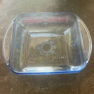 Vintage Anchor Blue Fire king blue etched glass  8.6” square Baker